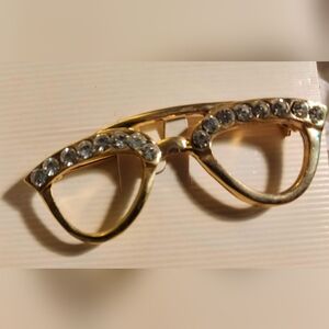 Gold Tone Clear Rhinestone Eye Glasses Brooch Pin